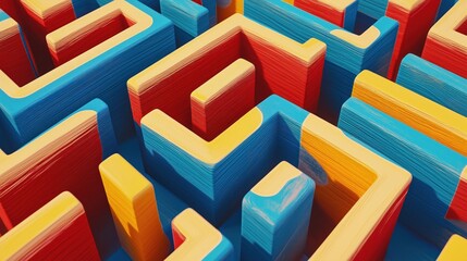 Obraz premium Colorful abstract maze design with blue red, yellow pathways. Wooden look. Intricate patterns. Complex design. Generative AI art. Modern style. Geometric shapes. Abstract illustration. Visual puzzle.