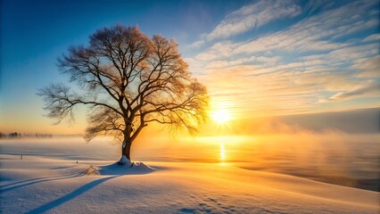 Serene winter sunrise over a snow-covered landscape, showcasing a solitary tree silhouetted against a vibrant, golden sky.