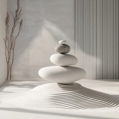 **japanese style minimal abstract background. zen garden and stone balance with white sand background.