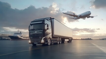 Black Semi-Truck on a Runway With a Airplane in the Background