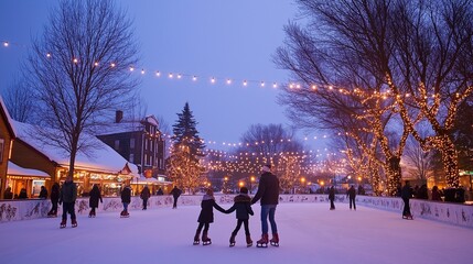 family ice skating together at an outdoor rink in a town square, with festive lights hanging overhead and a backdrop of snow-dusted trees under a clear night sky