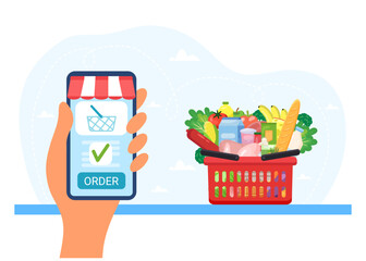 A hand is holding a phone for online shopping with credit card. Order grocery online. Cart with different groceries. Vector illustration in flat style