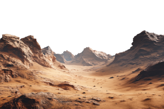 Martian landscape isolated on transparent background. Barren rocky desert surface of red planet