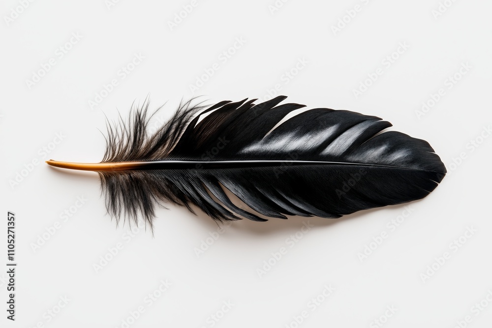 Poster a plain white background with a single black feather resting in the center, symbolizing elegance