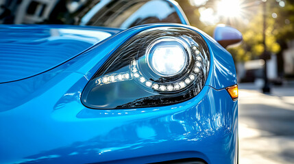 Close-up view of a vibrant blue sports car headlight showcasing LED technology and sleek design on...