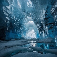 A crystalline ice cave with walls shimmering in blue and white, reflecting soft light from hidden crevices.