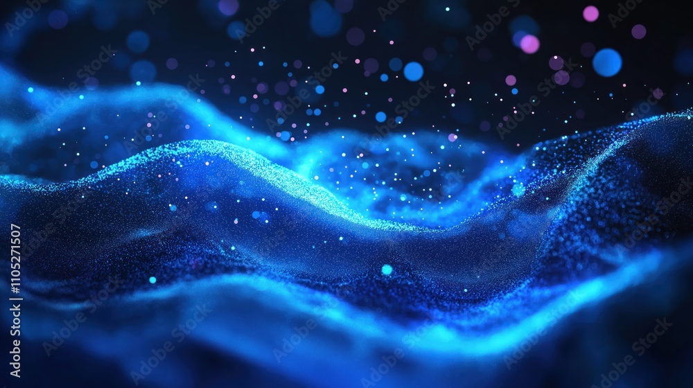 Poster Abstract wavy blue tech particles move in dynamic pattern. Modern tech background perfect for business presentations tech product visuals. Dynamic glowing particles create futuristic, innovative