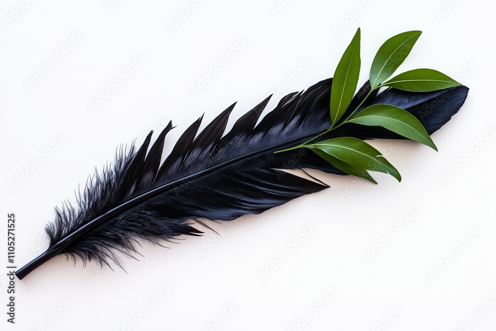 Poster a plain white background with a single black feather resting in the center, symbolizing elegance