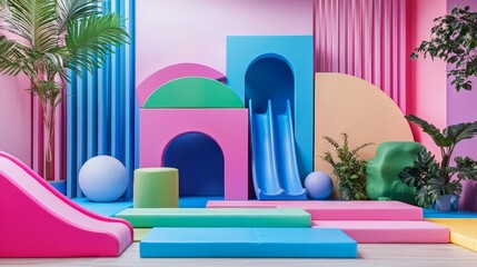 Fototapeta premium Bright and Cheerful Play Area Designed for Toddlers Featuring Colorful Structures, Slides, Soft Mats, and Playful Elements in a Vibrant Indoor Space