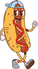 Cartoon groovy fast food hot dog character. Takeaway cafe hot dog cute vintage personage, 60s 70s cartoon isolated vector character. Fast food snack or street menu meal funny groovy mascot wearing cap