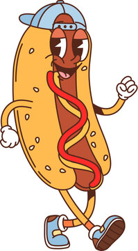 Naklejki Cartoon groovy fast food hot dog character. Takeaway cafe hot dog cute vintage personage, 60s 70s cartoon isolated vector character. Fast food snack or street menu meal funny groovy mascot wearing cap