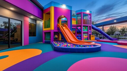 Colorful Indoor Play Area Featuring Slides, Climbing Structures, and Ball Pit for Kids in a Fun and Vibrant Environment