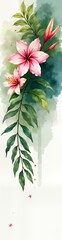Fototapeta premium Watercolor illustration shows tropical flowers, leaves. Pink flowers, green leaves on branch. Artistic style suggests tropical garden floral design. Design soft color palette, delicate feel. Could