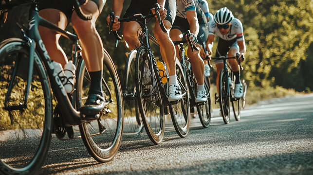 Group of cyclists competing in a professional road race event
