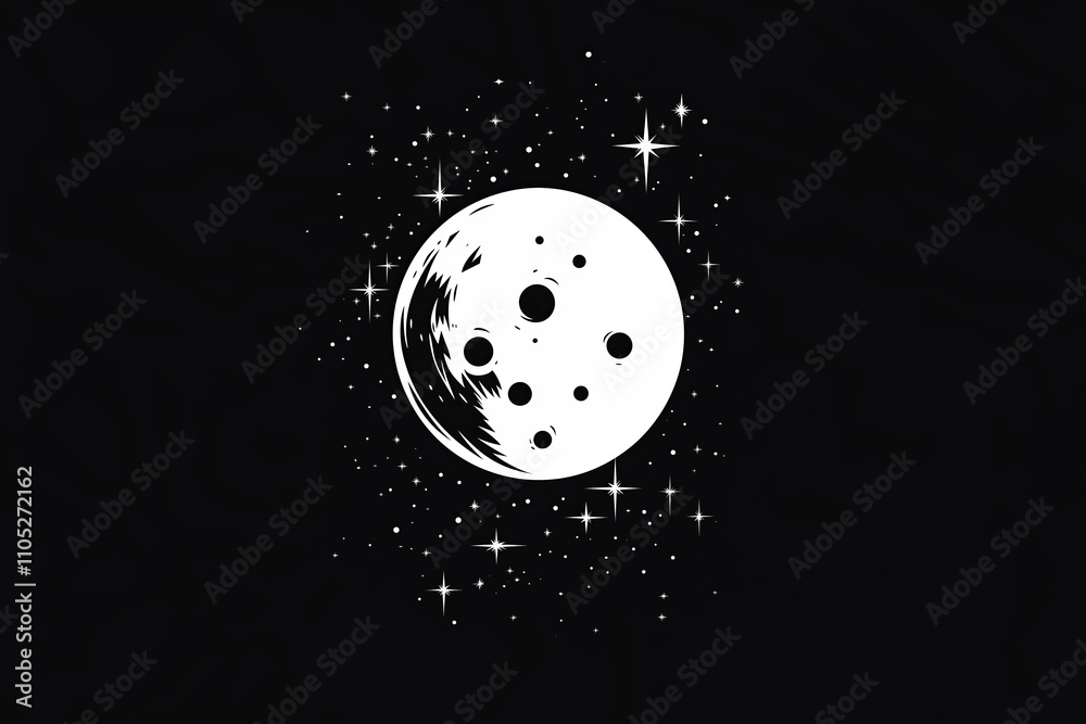 Aufkleber a minimalist rendition of the moon with craters, surrounded by tiny, twinkling stars on a black canv