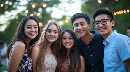 Obraz premium Group of friends smiling together at an outdoor gathering during twilight under string lights