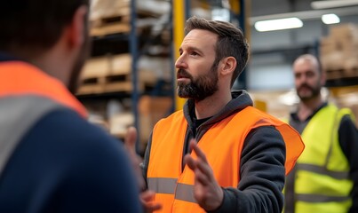 Obraz premium Warehouse supervisor conducting safety briefing with team, Generative AI 