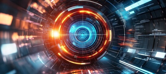 Obraz premium Futuristic Technology Glowing Digital Ring with Abstract Data Flow and Cybersecurity Concept