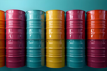 Colorful Stacked Metal Barrels in a Teal Room: A 3D Render of Shiny, Vividly-Colored Industrial Containers Against a Soft Aqua Background.