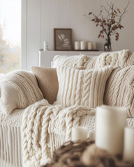 A minimalist and stylish living room with a focus on texture and comfort. The chunky knit blankets and pillows