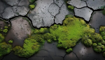 A textured cement surface with patches of moss or lichen growing in the crevices, adding a touch of nature to the otherwise cold, industrial material.