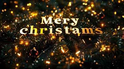Festive Merry Christmas greeting with warm lights and pine branches.