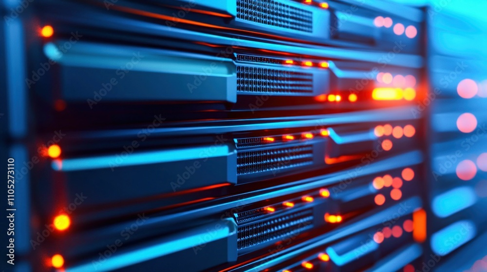 Poster close-up of open server rack with illuminated frames