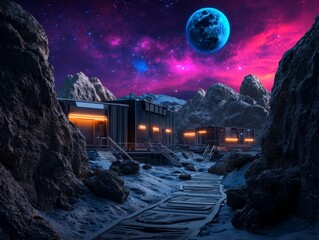 A Futuristic Multi-Functional Workspace on an Asteroid Mining Base with a Vibrant Cosmic Background and Rocky Landscape for Science Fiction and Space Exploration Themes