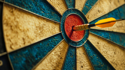 Dart hitting the bullseye on a colorful dartboard close up view