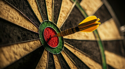 Yellow dart perfectly hits the bullseye on a dartboard