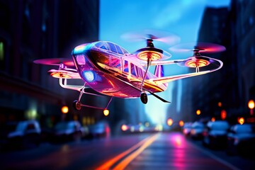 luminous a mini aircraft flying through the city with a luminous