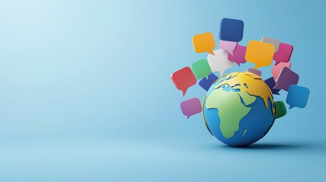 Speech bubbles in various languages surrounding a globe