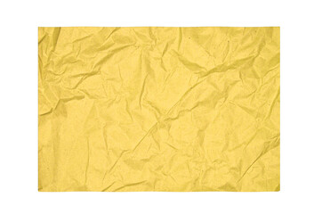 Golden yellow, crumpled paper in the shape of a rectangle. On isolated transparent background.