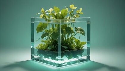 Un cubo de cristal lleno de agua, rodeado de hojas y plantas verdes flotantes. El fondo es de un suave color verde menta