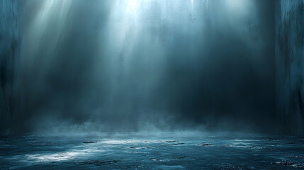 Fototapeta premium Moody Blue 3D Room Background: Light Beams Illuminate a Dark, Textured Concrete Environment with Foggy Floor