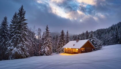 Snowy winter landscape with a cozy wooden cabin nestled among the mountains.