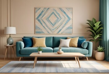 Photo modern style interior room 3d illustration with doodle abstract pattern