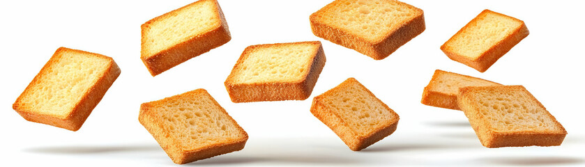 Golden Toasted Bread Slices Falling on White Background,  Crispy and Delicious Breakfast Food Photography