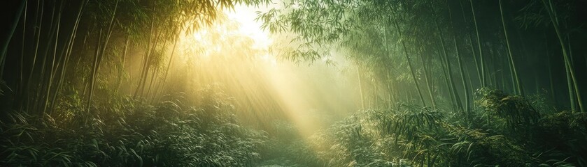 A dense bamboo forest, with sunlight filtering through