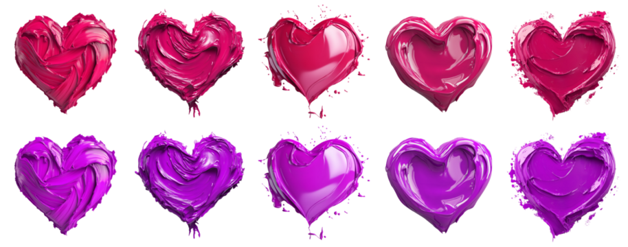 2 Collection set of pink magenta purple, love heart shape blob paint ink liquid smear smudge swatch cream gel wax on transparent cutout, PNG file. Many different design. Mockup template artwork