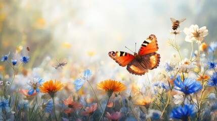 A field of wildflowers in spring, with bees and butterflies