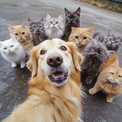 Golden Retriever dog and a group of cats on the street. A dog taking a selfie with cats