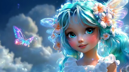 Fototapeta premium Whimsical fairy with floral hair in enchanting fantasy world