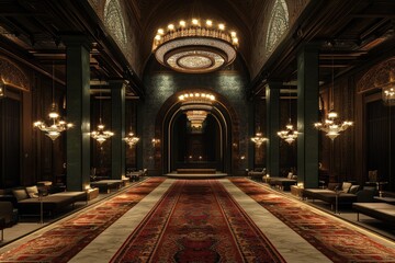 Obraz premium Elegant and Luxurious Interior of a Grand Hall Featuring Opulent Chandeliers, Intricate Ceilings, and Richly Patterned Carpets in a Warm Color Palette