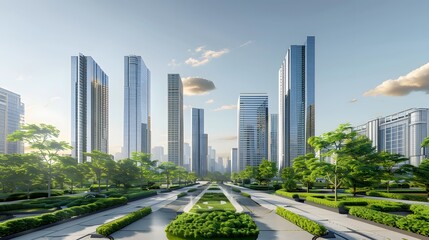 Obraz premium Modern Cityscape Featuring Skyscrapers and Lush Green Parks