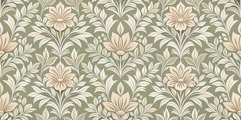 Elegant floral damask pattern in soft green and beige hues, ideal for textile design or wallpaper applications