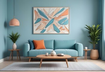 Photo modern style interior room 3d illustration with doodle abstract pattern