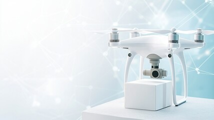 Drone with camera on a bright, tech-inspired background.