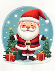 Cute Santa Claus stands among Christmas trees, presents. He is happy, cheerful. He is wearing red suit, red hat. He has big white beard, rosy red nose. He gives thumbs up. Its winter scene.