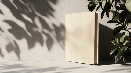 A beige book stands upright against a wall, bathed in the dappled sunlight filtering through leaves. The scene evokes a sense of calm and tranquility.